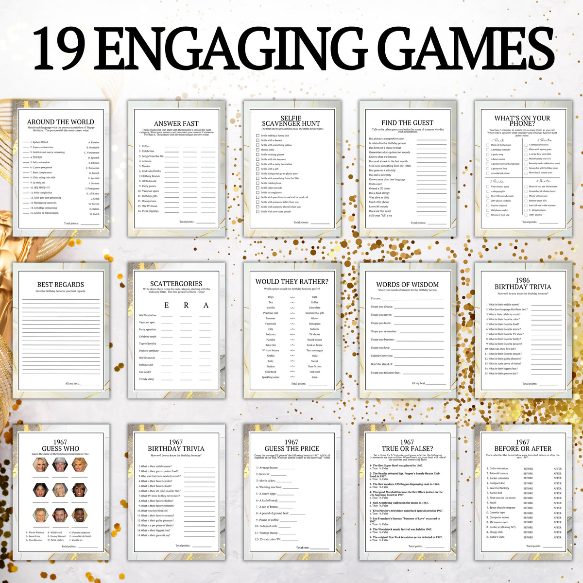 A collage of 15 printable game sheets under the large heading '19 ENGAGING GAMES' on a white background with gold confetti accents. The sheets include party games such as 'Around the World,' 'Answers Fast,' 'The Scavenger Hunt,' 'Find the Guest,' 'Ships on Your Deck,' 'Best Regards,' 'Scrabblelog,' 'Would They Rather?,' 'Words of Wisdom