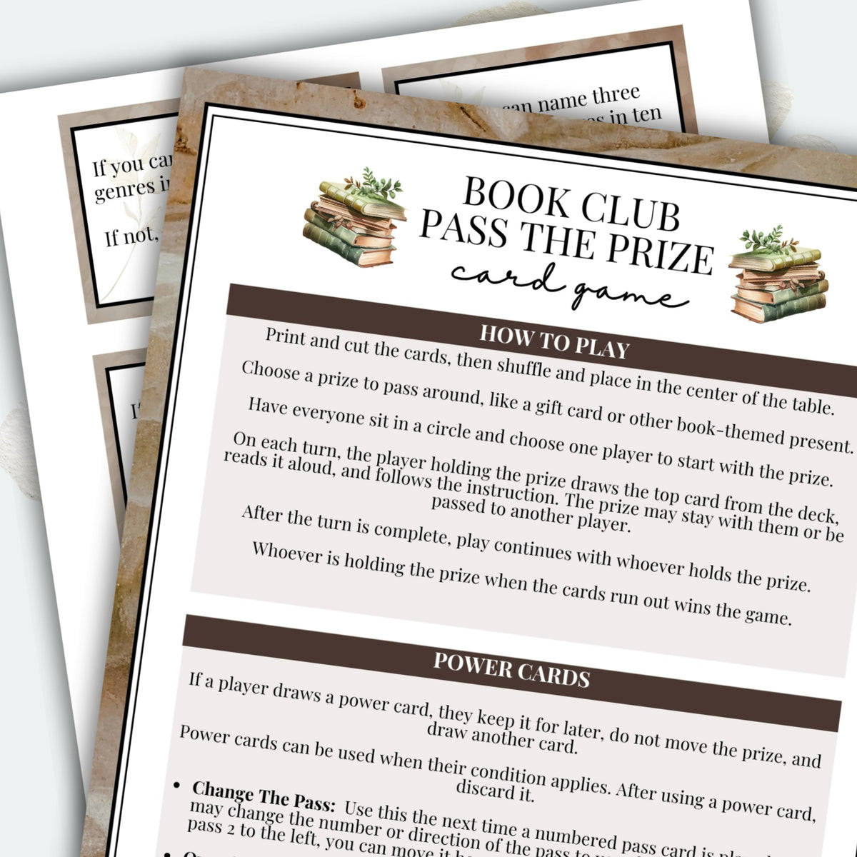 Instructions for a 'Book Club Pass the Prize' card game on printed paper.
