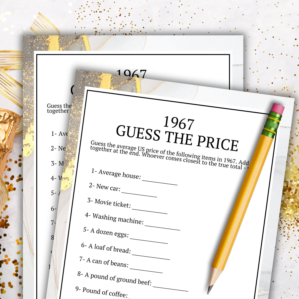 A printed worksheet titled "1967 GUESS THE PRICE" with fill-in lines and a pencil placed on top, shown with additional copies and gold confetti on a white background.