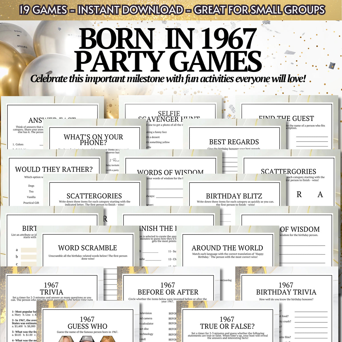 A collage of printed party game sheets and cover pages for 1967-themed party games, with large promotional text at the top reading 'BORN IN 1967 PARTY GAMES' and a banner noting 19 games as an instant download for small groups.